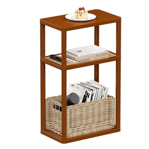 YGYQZ Rattan End Table, 3-Tier Narrow Side Table for Small Spaces, Wood Sofa Side Table Nightstand with Storage Shelves for Living Room Bedroom, Boho Slim Corner Table - color: Narrow-brown