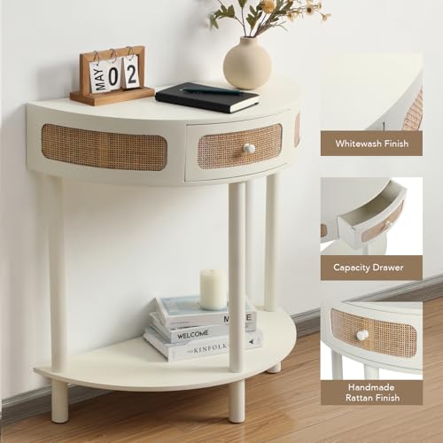 Wnutrees Rattan Half Moon Console Table, Modern Entryway Table with Drawer, Boho Sofa Table with Bottom Storage Shelf, Small Semicircular Tables for Hallway, Living Room, White - color: White