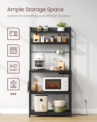 VASAGLE Bakers Rack with Power Outlet, Microwave Stand, Kitchen Tall Utility Storage Shelf, with Metal Wire Panel, 14 Hooks, 15.7 x 31.5 x 66.9 Inches, Charcoal Gray and Ink Black UKKS025B22 - color: Charcoal Gray + Ink Black, size: 31.5"W