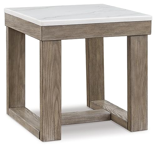 Signature Design by Ashley Square Marble End Table, 24 in, Grayish Brown | Premium natural stone surface for unique character, Sturdy oak veneer and MDF substrate trestle base, Loyaska Series - color: Two Tone
