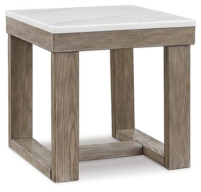 Signature Design by Ashley Square Marble End Table, 24 in, Grayish Brown | Premium natural stone surface for unique character, Sturdy oak veneer and MDF substrate trestle base, Loyaska Series - color: Two Tone