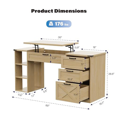 Farmhouse Lift Top Desk: Rustic Wood Standing Desk with 3 Drawers & Open Storage Shelves, Adjustable Height, White & Brown Home Office Computer Desk for Work, Study, Writing (Natural Oak) - color: Natural Oak