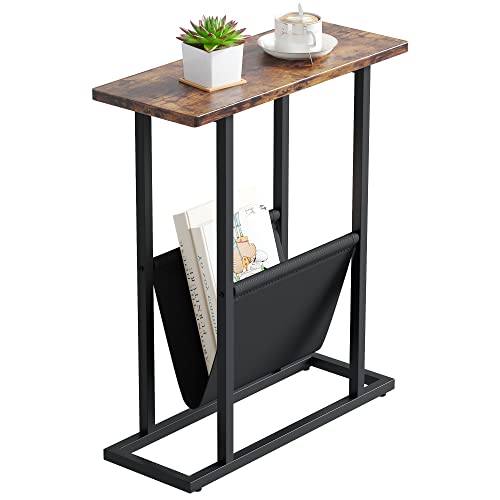 Yusong Narrow Side Table for Small Spaces, Small End Table with Magazine Holder, Skinny Slim Little Thin Table for Living Room, Bedroom, Sofa, Rustic Brown - color: Rustic Brown, size: 16.5"W