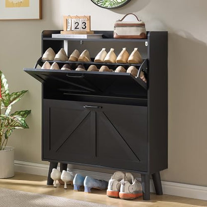 LEYAOYAO Shoe Cabinet Storage for Entryway with 2 Flip Drawers Rack Narrow Organizer Slim Hidden Wood Shoe Cabinet Furniture Black - color: Black