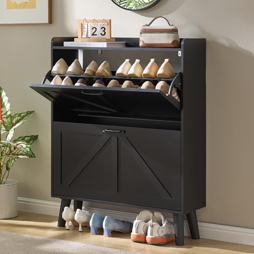 LEYAOYAO Shoe Cabinet Storage for Entryway with 2 Flip Drawers | Rack Narrow Organizer Slim Hidden Wood Shoe Cabinet Furniture - color: Black