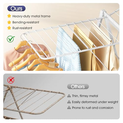 Clothes Drying Rack, 67.7" L Height Adjustable, Foldable, White | 1.5"Folded, No Assembly, Space-Saving, Spacious Design, Adjustable Wings, Clips, Mesh Shelf, Shoe Rack, Indoor & Outdoor Use - color: White