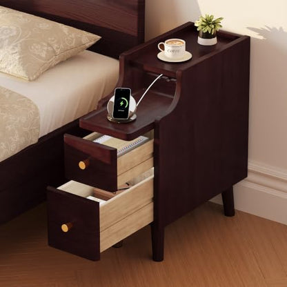 7.9" Solid Wood Narrow Nightstand with Drawers & Tray,Black Walnut | Perfect for small spaces, this slim bedside table features a pull-out tray, cable routing, and minimal easy assembly - color: Black Walnut, size: 8''