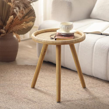 Small Side Table, Rattan Round Coffee Table, Boho Circle Side Tables End Table for Living Room, Mid Century Accent Table for Bedroom Balcony - color: Wood