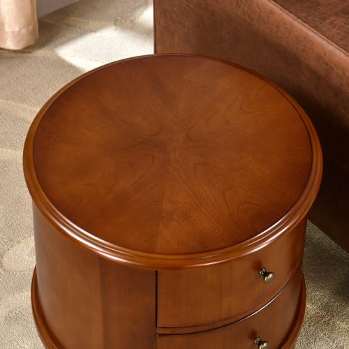 Round End Side Table with 2 Storage Drawers, Sofa Beside Tables for Living Room, No-Tools Assembly, Nightstand with Carved Wood Legs for Bedroom, 17.7" Dia x 20.1" H Honey Amber YBG-B5598-MG - style: Round End Table