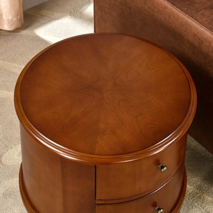 Round End Side Table with 2 Storage Drawers, Sofa Beside Tables for Living Room, No-Tools Assembly, Nightstand with Carved Wood Legs for Bedroom, 17.7" Dia x 20.1" H Honey Amber YBG-B5598-MG - style: Round End Table
