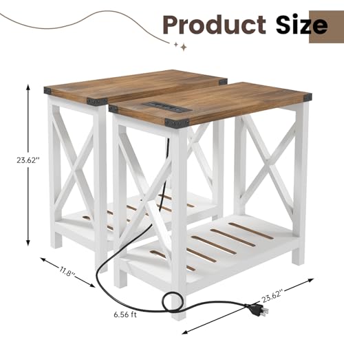 Hadulcet Farmhouse End Tables Living Room Set of 2, Narrow Side Table with Charging Station, Slim Nightstand for Small Space, Skinny Bedside Table, Sofa Side Table with Storage Shelf, White & Brown - color: White & Warm Brown