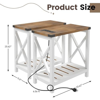 Hadulcet Farmhouse End Tables Living Room Set of 2, Narrow Side Table with Charging Station, Slim Nightstand for Small Space, Skinny Bedside Table, Sofa Side Table with Storage Shelf, White & Brown - color: White & Warm Brown