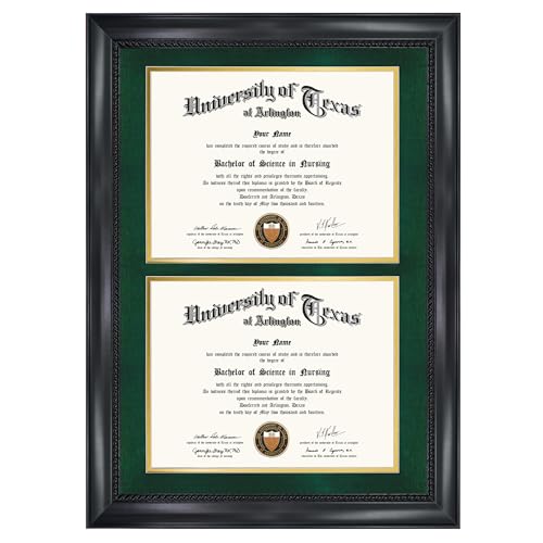 GMFrames Double 8.5x11 Diploma Certificate Frame, Solid Wood & Tempered Glass, Cherry Lacquer Finish & Intricate Rope Detail, Green over Gold Mat - color: Black / Green Gold Mat, size: 14x20 for Double 8.5x11