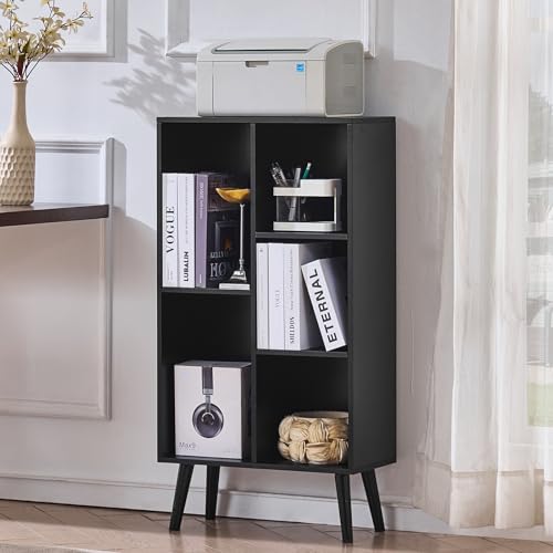 LEYAOYAO 5 Cube Bookshelf, Mid-Century Modern Book Shelf with Legs, Black | 3 Tier Bookcase, Rustic Wood Bookshelves Freestanding Small Storage Organizer, Open Shelves for Bedroom, Living Room, Office - color: Black, size: 5 Cube with Legs