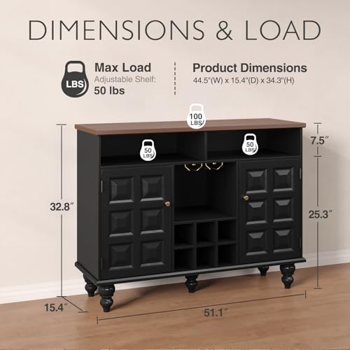 Vabches Modern Sideboard Buffet Cabinet, 46" Mid Century Liquor Whiskey Coffee Bar Station with Wine Rack and Glass Holder, Kitchen Wine Bar Cabinet with Storage Table for Living Dining Room