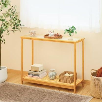 Bamboo Narrow Console Table, 39.4"(L) Wood Small Entryway Table with Rattan and Glass, Accent Slim Hallway Tables, Thin Sofa Side Tables for Hallway, Living Room, Foyer, Burlywood - color: Burlywood 39.4"(l)