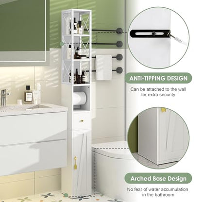 VECELO Narrow Bathroom Storage Cabinet with X-Frame Metal Design, 67" Tall Freestanding Cabinet with Toilet Paper Holder, Slim Tower Cabinet with Magnetic Door & Drawer, for Small Spaces, White - color: Hollow Top