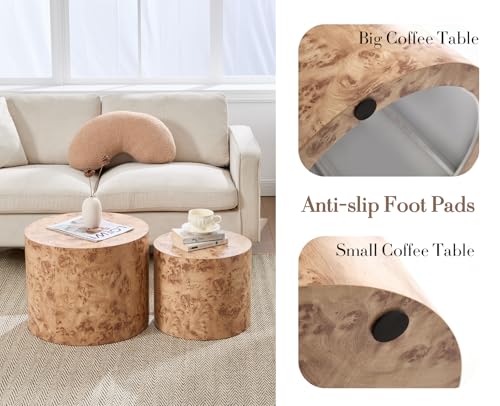 EALSON Nesting Coffee Tables Set of 2 Farmhouse Small Round End Tables Modern Wood Circle Side Table Drum Table for Living Room Small Spaces Bedroom Balcony, No Assembly, Natural Burl - color: Natural Burl