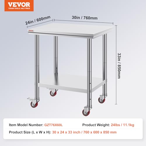 VEVOR Stainless Steel Work Table 30 x 24 x 33 Inch Prep Table with 4 Caster - size: 30*24*33In, style: With Caster