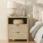 Boho Nightstand with Charging Station, Large Bedside Table with Two Drawers & Open Storage Shelf, Mid-Century Modern End Table Rattan-Look Drawer, Accent Side Table with Rounded Corners for Bedroom - size: 23.6"D x 22"W x 15.74"H(2-Drawers)