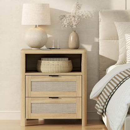 Boho Nightstand with Charging Station, Large Bedside Table with Two Drawers & Open Storage Shelf, Mid-Century Modern End Table Rattan-Look Drawer, Accent Side Table with Rounded Corners for Bedroom - size: 23.6"D x 22"W x 15.74"H(2-Drawers)