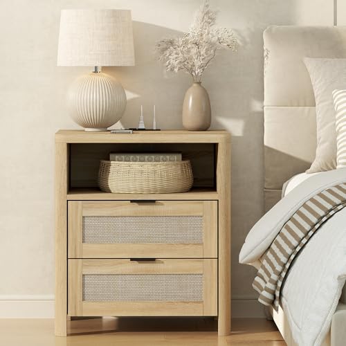 Boho Nightstand with Charging Station, Large Bedside Table with Two Drawers & Open Storage Shelf, Mid-Century Modern End Table Rattan-Look Drawer, Accent Side Table with Rounded Corners for Bedroom - size: 23.6"D x 22"W x 15.74"H(2-Drawers)