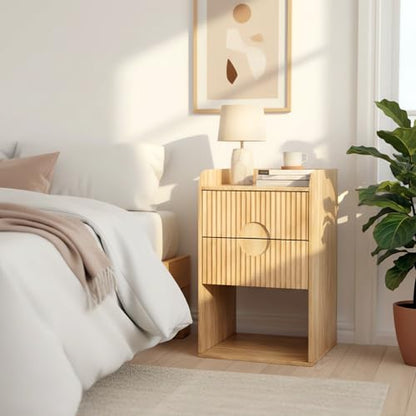 Fluted Nightstand Set of 2, Small Bedside Table, Wood Side Table with Storage, Boho Mid Century Modern Night Stand, 2 Drawer End Table for Bedroom, Natural, Vintage