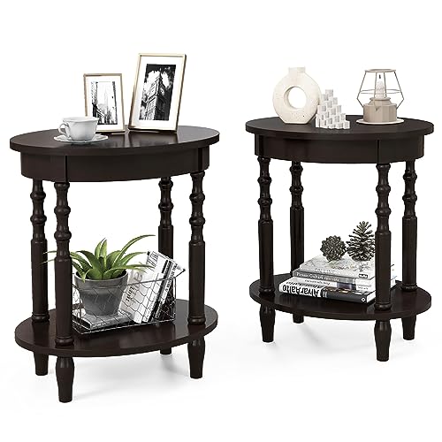GOFLAME 2-Tier Oval End Table Set of 2, Sofa Side Table with Storage Shelf, Solid Wood Legs, Modern Accent Table, Compact Nightstand for Living Room, Bedroom, Small Space, Espresso - color: Espresso