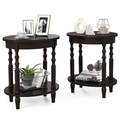 GOFLAME 2-Tier Oval End Table Set of 2, Sofa Side Table with Storage Shelf, Solid Wood Legs, Modern Accent Table, Compact Nightstand for Living Room, Bedroom, Small Space, Espresso - color: Espresso