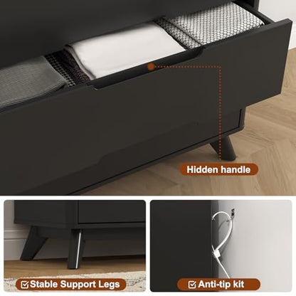 35" Large Night Stand with Charging Station, 3 Drawer Spacious Drawers | Top Open Shelves, Pre-Installed Slide, Wood Bedside Table, Modern End Table, Nightstand for Bedroom Sofa Couch,Black - color: Black, size: Large (3 drawer)