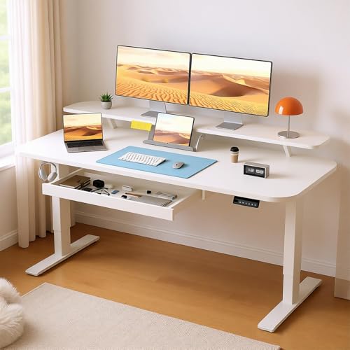 COMHOMA Electric Standing Desk with Drawers, 55 x 24 Inch Sit Stand up Desk with Monitor Stand, Laptop Stand, Height Adjustable Ergonomic Home Office Computer Desks with Memory Preset Controller - color: White, size: 55 x 24 Inch