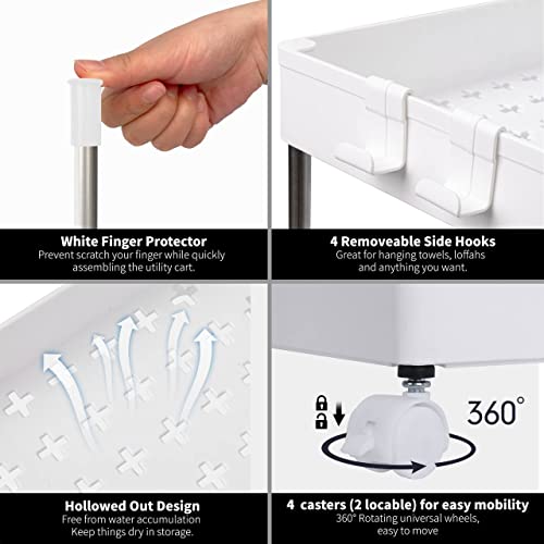 4 Tier Slim Storage Cart Mobile Shelving Unit Organizer Slide Out Storage Rolling Utility Cart Tower Rack for Kitchen Bathroom Laundry Narrow Places, Plastic & Stainless Steel, White
