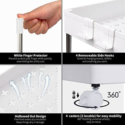 4 Tier Slim Storage Cart Mobile Shelving Unit Organizer Slide Out Storage Rolling Utility Cart Tower Rack for Kitchen Bathroom Laundry Narrow Places, Plastic & Stainless Steel, White