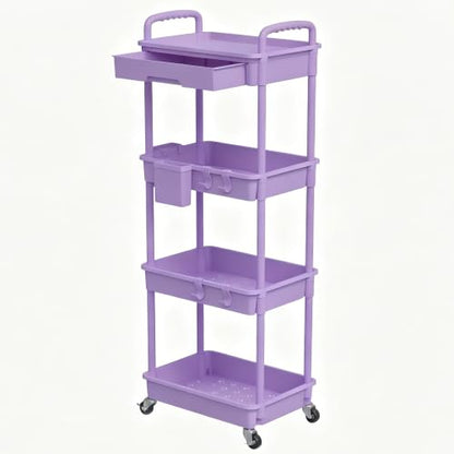 REBECAT 4 Tier Rolling Cart with Drawer, Utility Storage Cart on Wheels for Kitchen, Bathroom, Living Room,Office(Purple) - color: Purple