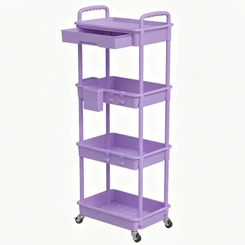REBECAT 4 Tier Rolling Cart with Drawer, Utility Storage Cart on Wheels for Kitchen, Bathroom, Living Room,Office(Purple) - color: Purple