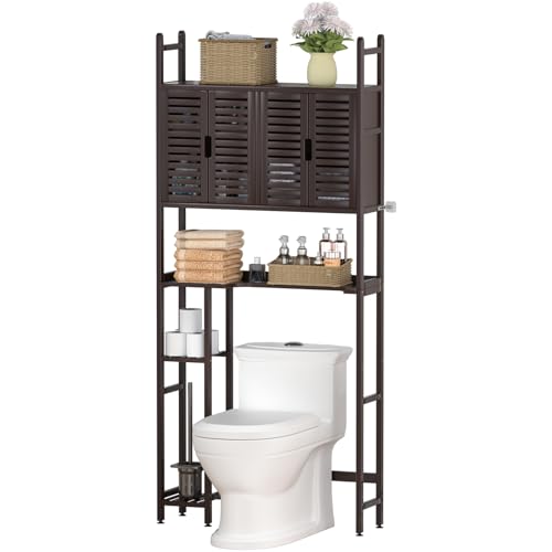 Cozivolife Over The Toilet Storage: Space Saver Bathroom Organizer Shelf | Bamboo Freestanding Storage Cabinet Over Toilet with Paper Holder Stand - No-Drill Installation and Waterproof Feet Pad