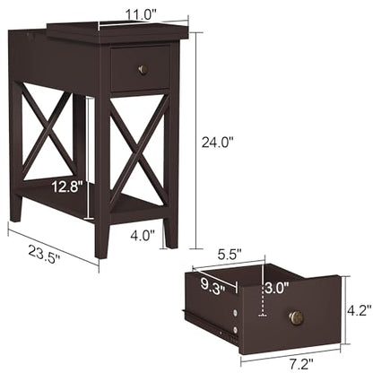 ChooChoo End Table, Flip Top Narrow End Table with Drawer, Set of 2 | Narrow Side Table with Flip Top, Accent Small Side Table Nightstand for Living Room, Bedroom, and Small Spaces, Espresso - color: Espresso, size: 2 Pack, style: Without Power