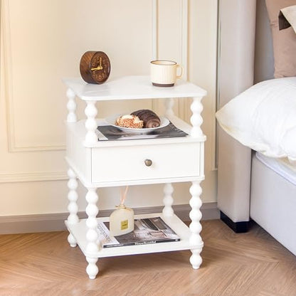 AWASEN White Nightstand, Bed Side Table Bedroom with Drawer, 3-Tier Small Night Stand End Table with Storage for Small Spaces &Solid Wood Spindle Legs, White - color: White