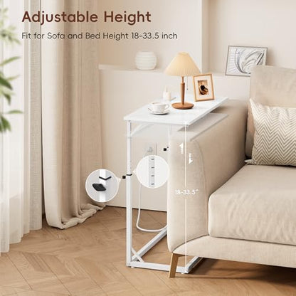 Vagusicc C Shaped End Table with Charging Station, C-Table End Table Adjustable Height Side Table for Couch, Large Couch Table, Slide Under Sofa Table TV Tray Arm Table for Living Room, Bedroom, White - color: White, style: With Plug