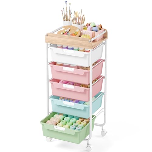 SYKIARIOL Rolling Storage Utility Cart with 5 Drawers,Craft Cart with Wheels,Makeup Organizer,Art Supply and Storage Wooden Tabletop,Colorful - color: Colorful, size: 5-Drawers