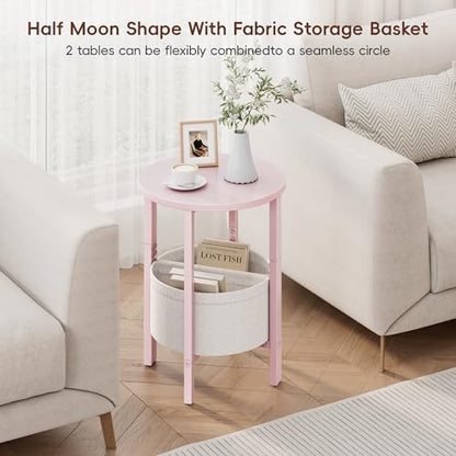 Vagusicc Small Round Side Table, Accent End Table with Storage Basket, Set of 2 Half Round Coffee Table End Table, Half Moon Bedside Table, Modern Nightstand Couch Table for Living Room Bedroom, Pink - color: Pink