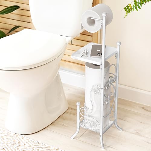 Simple Houseware English Style Toilet Paper Stand Holder w/Woodtop, White | 4 Paper Rolls, 8.5" x 8.75" x 29.2" - color: White, size: Wood Shelf - 29.2''H
