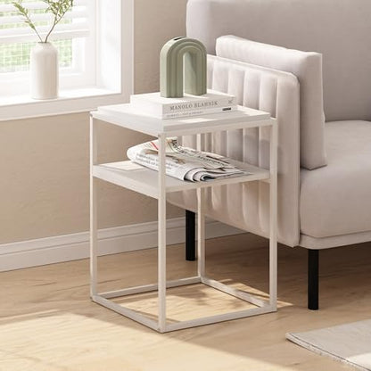 Furinno Moretti Side Table, 2-Tier Stackable Metal Frame End Table with Open Shelf, Night Stand, Bedside Table, Toolless Assembly, for Living Room, Bedroom, Solid White - color: White/White, style: Stackable Metal Frame