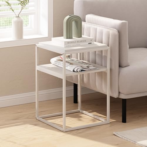 Furinno Moretti Side Table, 2-Tier Stackable Metal Frame End Table with Open Shelf, Night Stand, Bedside Table, Toolless Assembly, for Living Room, Bedroom, Solid White - color: Solid White/White, style: Stackable Metal Frame