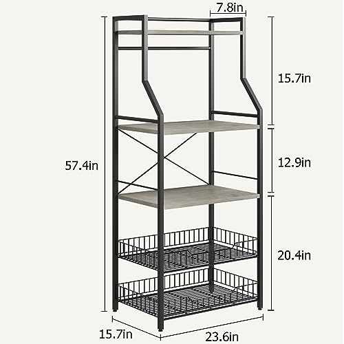 Patikuin 60cm Compact Kitchen Bakers Rack, 4-Tier Double-Frame Microwave Stand with Storage Shelves, Sturdy 20mm Square Tube & PB Board Construction, Black & Gray Freestanding Appliance Organizer