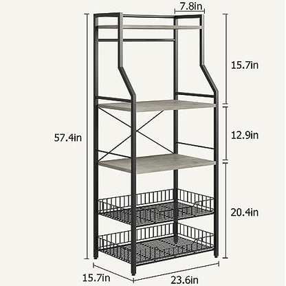 Patikuin 60cm Compact Kitchen Bakers Rack, 4-Tier Double-Frame Microwave Stand with Storage Shelves, Sturdy 20mm Square Tube & PB Board Construction, Black & Gray Freestanding Appliance Organizer