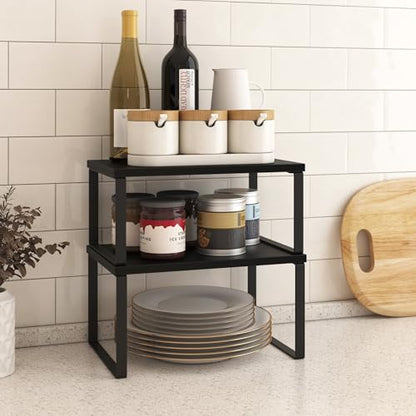 Kitchen Cabinet Organizer Shelf Set of 4, Sturdy Kitchen Counter Shelves with Metal Legs, Stackable Expandable Wood Spice Rack Pantry Cupboard Dish Mug Cup Storage Organizer Shelf, Black - color: Black