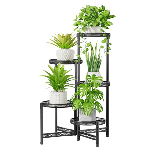 iDavosic.ly 5 Tier Large Plant Stand Indoor with 10-Inch Wide Drainage Tray, Tiered Corner Metal Outdoor Flower Display Holder Shelf, Folding Tall Rack for Patio Porch Balcony, Black Iron Carving - color: Black Openwork (with Drainage), size: 5 Tiers