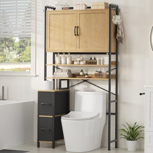 Over the Toilet Storage Cabinet with Doors, 2 Large Drawers & 6 Hooks, Over the Toilet Organizer with Toilet Paper Holder, Over the Toilet Storage for Bathroom, Laundry Room, Natural - color: Natural, style: Large Cabinet