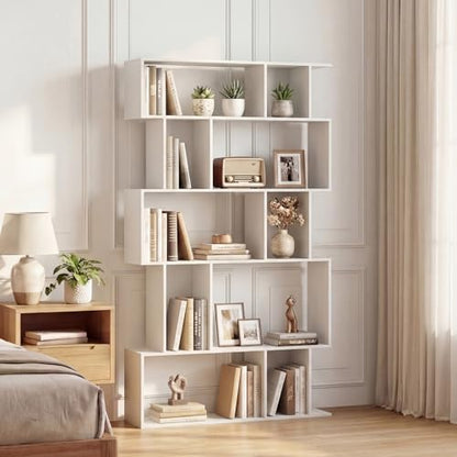 GOFLAME 5-Tier Geometric Bookshelf, 62” Tall Bookcase with 10 Open Back & Closed Back Cubes, Modern Display Book Shelf, S-Shaped Storage Organizer for Living Room, Home Office (1,White) - color: White